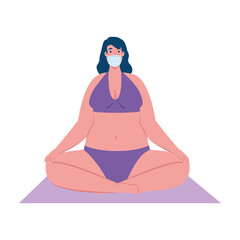cute plump woman sitting with swimsuit purple color, wearing medical mask, covid 19 summer vacation vector illustration design