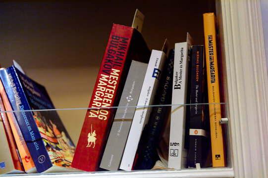 KIEV, UKRAINE - OCT 21, 2017: Old books in the Mikhail Bulgakov Museum, dedicated to Kiev born Russian writer