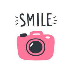 Cute vector illustration with photo camera shot and text lettering "Smile". Stylish doodle artwork for lable, logo and postcard, posters, print materials, blog. Concept for your design