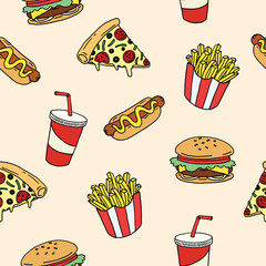 Fast food vector seamless pattern. Digital hand drawn illustration of fast food.