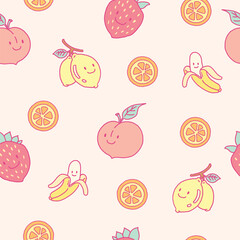 Seamless pattern of cute fruits illustrations. Hand drawn digital drawings of fruit characters.
