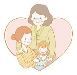 Mother’s Day vector illustration. Grandmother, mother and daughter in a heart shaped background. Digitally hand drawn artwork. 
