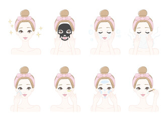 Cute girl illustration sets of self skin care procedures. Digitally hand drawn vector art collection of daily skincare routine. Skin care procedure clipart. 