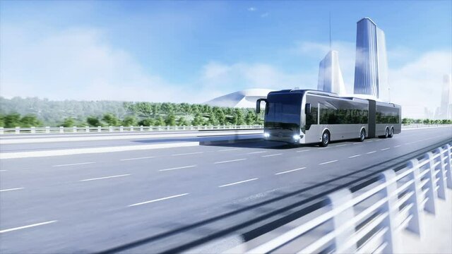 3d model of passenger bus very fast driving on the highway. Futuristic city background. 3d rendering.