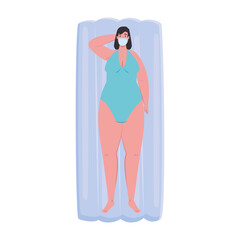 cute plump woman wearing medical mask in lying down on inflatable float, covid 19 summer vacation vector illustration design