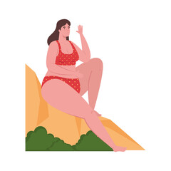 cute plump woman sitting with swimsuit red color on white background vector illustration design