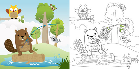 Vector cartoon illustration of beaver with its friends fishing in a swamp, coloring book or page © Bhonard21