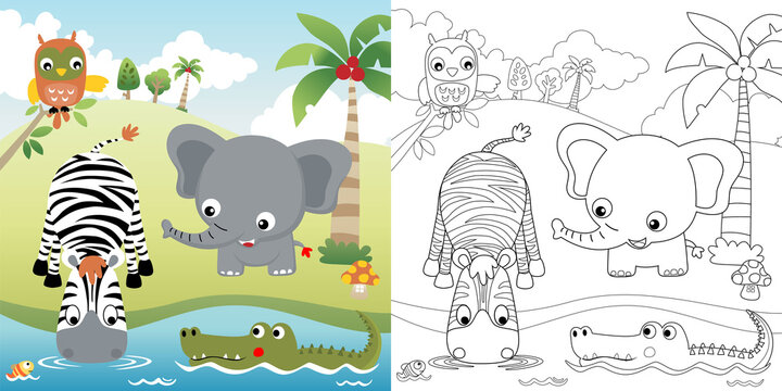 Vector cartoon illustration of funny animals in nature, coloring book or page