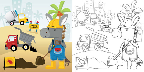 Vector cartoon illustration of construction vehicle with donkey the worker, coloring book or page