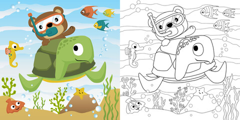Vector cartoon illustration of bear diving with its underwater friends, coloring book or page