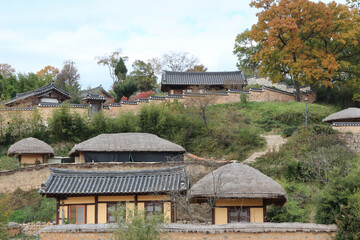 Fototapeta na wymiar Gyeongju Yangdong Folk Village with korean traditional houses and beautiful surrounding in autumn, South Korea