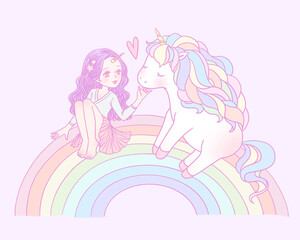 Unicorn with a little unicorn girl on the rainbow illustration.