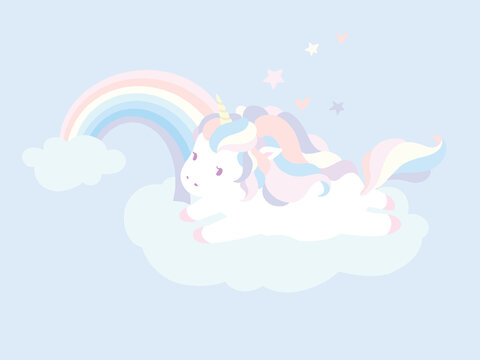 Vector illustration of cute unicorn in pastel color. Kawaii unicorn character on the cloud with rainbow