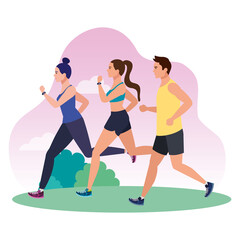 Fototapeta na wymiar jogging people in landscape, people running race in park, people in sportswear jogging in outdoor vector illustration design