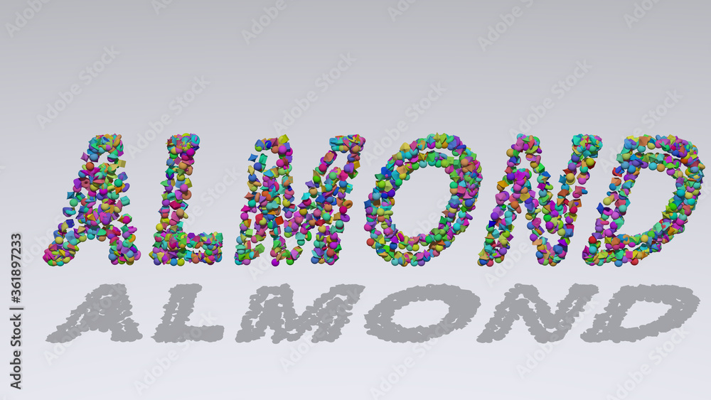 Poster almond: 3d illustration of the text made of small objects over a white background with shadows. food