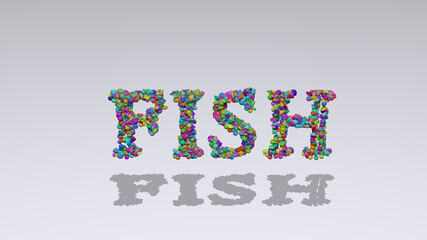 fish: 3D illustration of the text made of small objects over a white background with shadows. animal and food