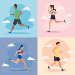 set scenes of jogging people, people running vector illustration design