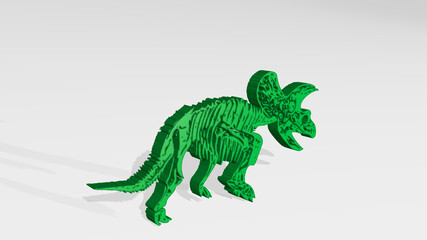 DINOSAUR SKELETON made by 3D illustration of a shiny metallic sculpture on a wall with light background. animal and cartoon