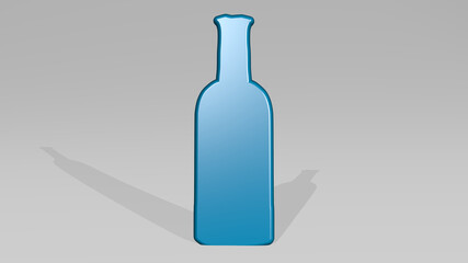 BOTTLE from a perspective with the shadow. A thick sculpture made of metallic materials of 3D rendering. illustration and background