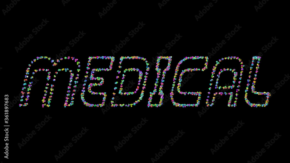 Poster colorful 3d writing of medical text with small objects over a dark background and matching shadow. i