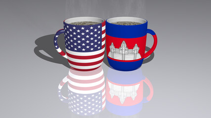 united-states-of-america cambodia placed on a cup of hot coffee mirrored on the floor in a 3D illustration with realistic perspective and shadows