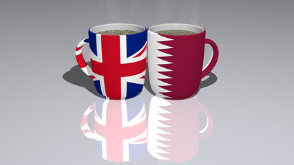 Relationship of united-kingdom qatar presented by their national flags on cups of tea or coffee as editorial or commercial picture