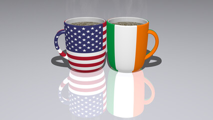 united-states-of-america ireland placed on a cup of hot coffee in a 3D illustration with realistic perspective and shadows mirrored on the floor