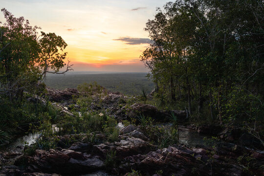 Wangi falls at sunset time, upper part lookout after viewing platform. Wangi falls walk. Picture taken at dry season. Close to Darwin city. Litchfield National park, Northern Territory NT, Australia