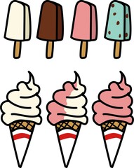 いろんな味のアイスクリームのイラスト