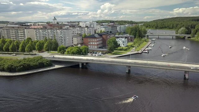 An aerial view of the bridge in Hameenlinna Finland.4K