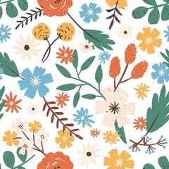 Colorful romantic hand drawn flowers seamless pattern. Elegant blooming garden flower with branches, leaves and stem vector flat illustration. Gorgeous floral backdrop with blossom herb and plant