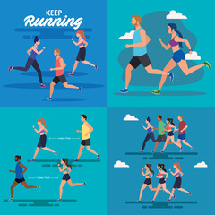 Fototapeta premium set scenes of jogging people, people running vector illustration design