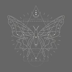 Fototapeta premium Mystery, witchcraft, occult and alchemy tattoo sign. Mystical vintage gothic geometry thin lines symbol with butterfly