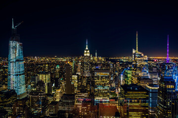 New York City, USA. Night aerial view of Midtown Manhattan skyscrapers from a high viewpoint.