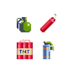 grenade dynamite, 16-bit TNT pixel art style icons set,  bombs and explosive, isolated vector illustration. Design for sticker, mobile app and logo. Game assets.