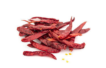 Dried red hot chili peppers, food ingredient Isolated on white background.