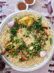 High angle view of mandi chicken  on the table
