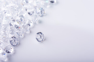 Realistic group of diamond on white background with copy space top view