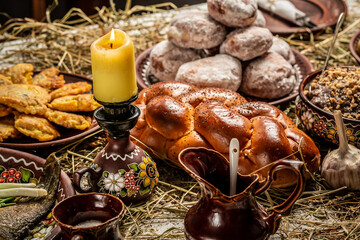 Holy evening, a table with 12 lenten dishes. Christmas traditional food in Ukraine