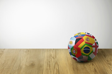 World flags soccer ball on parquet floor