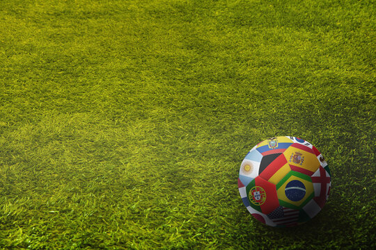 World flags soccer ball on a playing field