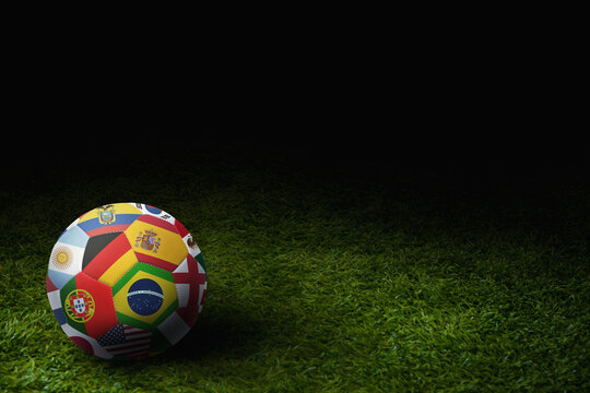 World flags soccer ball on a playing field