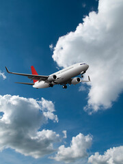 Commercial passenger airplane with landing gear down flying across a blue cloudy sky