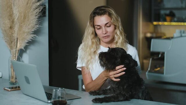 Happy smiling blonde woman hugging adorable puppy dog and looking qt laptop working at coffee shop.
