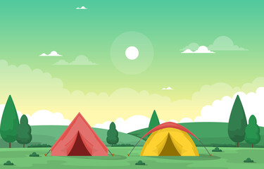 Camping Adventure Outdoor Park Summer Nature Landscape Cartoon Illustration