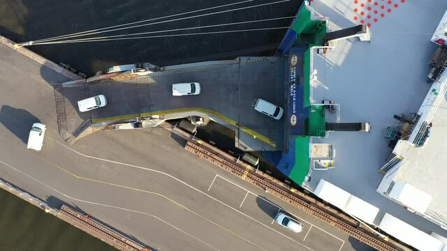 Overhead Aerial View of Vehicles Being Loaded and Unloaded from a Vehicle Carrier Ship Delaware River Philadelphia