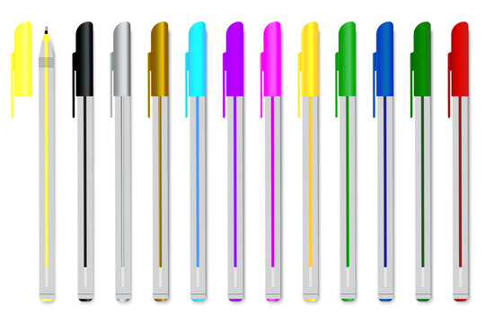 Colored pens, set. Illustration of stationery for office and study. Plastic school pens. Stock Photo.