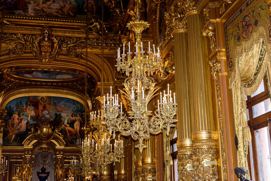 PARIS - APRIL 1, 2018: Chandelier of the Grand foye of the Palais Garnier, an opera house in Paris, France