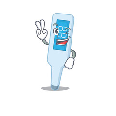 A joyful digital thermometer cartoon mascot style show two fingers pose