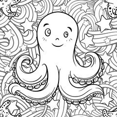 Cute octopus and starfish black and white marine seamless pattern